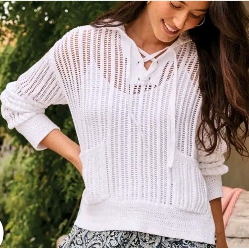 Sundance Harbor Call Crochet Hoodie Women's Petite Small White Coastal Beachy